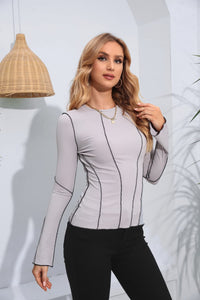 Thumbnail for Ribbed Round Neck Long Sleeve Blouse
