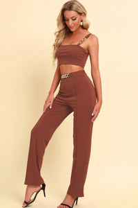 Thumbnail for Chain Detail Cropped Cami and Straight Leg Pants Set