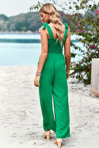 Thumbnail for Frill Trim Tie Shoulder Wide Leg Jumpsuit with Pockets