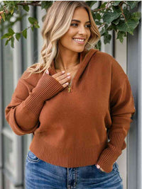 Thumbnail for Plus Size Collared Neck Zip-Up Long Sleeve Sweater