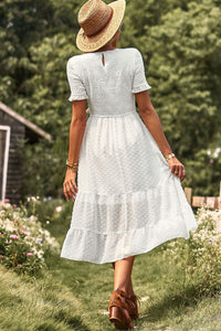 Thumbnail for Swiss Dot Smocked Round Neck Short Sleeve Midi Dress