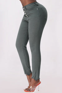 Thumbnail for Button Fly Hem Detail Skinny Jeans