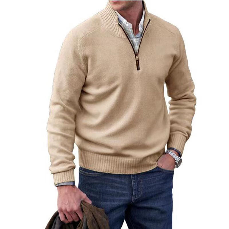 Men's Full Size Zipper Lapel Casual Long-Sleeved Sweater