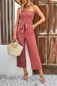 Thumbnail for Decorative Button Strapless Smocked Jumpsuit with Pockets