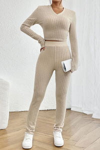 Thumbnail for Ribbed V-Neck Long Sleeve Cropped Top and Pants Set