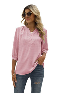 Thumbnail for Swiss Dot Notched Neck Three-Quarter Sleeve Blouse