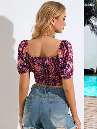 Thumbnail for Printed Puff Sleeve Cropped Blouse