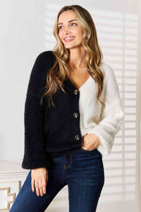 Thumbnail for Woven Right Contrast Button-Front V-Neck Cardigan