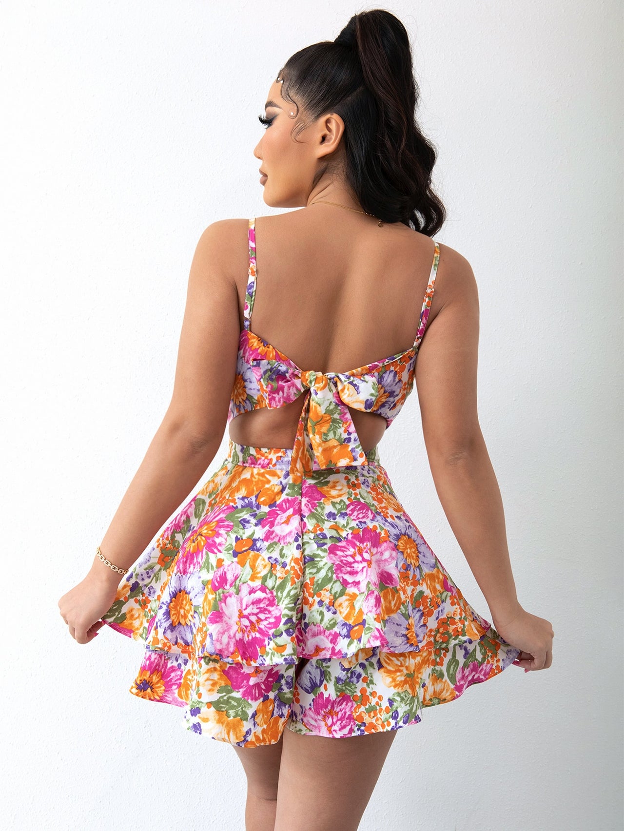 Floral Tie Back Layered Hem Romper