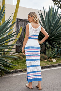 Thumbnail for Striped Openwork Cropped Tank and Split Skirt Set