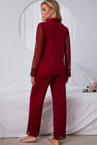 Thumbnail for Spliced Lace Lapel Collar Pajama Set
