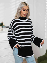 Thumbnail for Striped Slit Turtleneck Drop Shoulder Sweater
