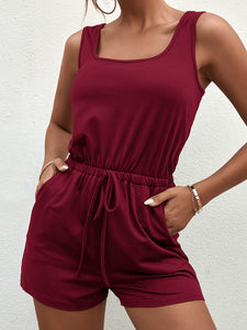 Square Neck Sleeveless Romper with Pockets