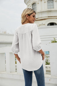 Thumbnail for Swiss Dot Notched Neck Three-Quarter Sleeve Blouse