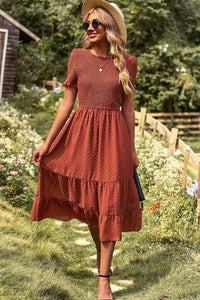 Thumbnail for Swiss Dot Smocked Round Neck Short Sleeve Midi Dress