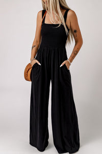 Thumbnail for Smocked Square Neck Wide Leg Jumpsuit with Pockets