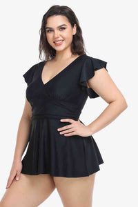 Thumbnail for Plus Size Ruffled Plunge Swim Dress and Bottoms Set