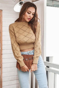 Thumbnail for Openwork Plaid Round Neck Cropped Sweater