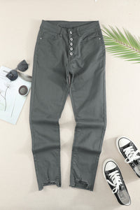 Thumbnail for Button Fly Hem Detail Skinny Jeans