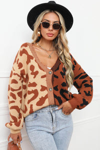 Thumbnail for Leopard Button Front Ribbed Trim Cardigan