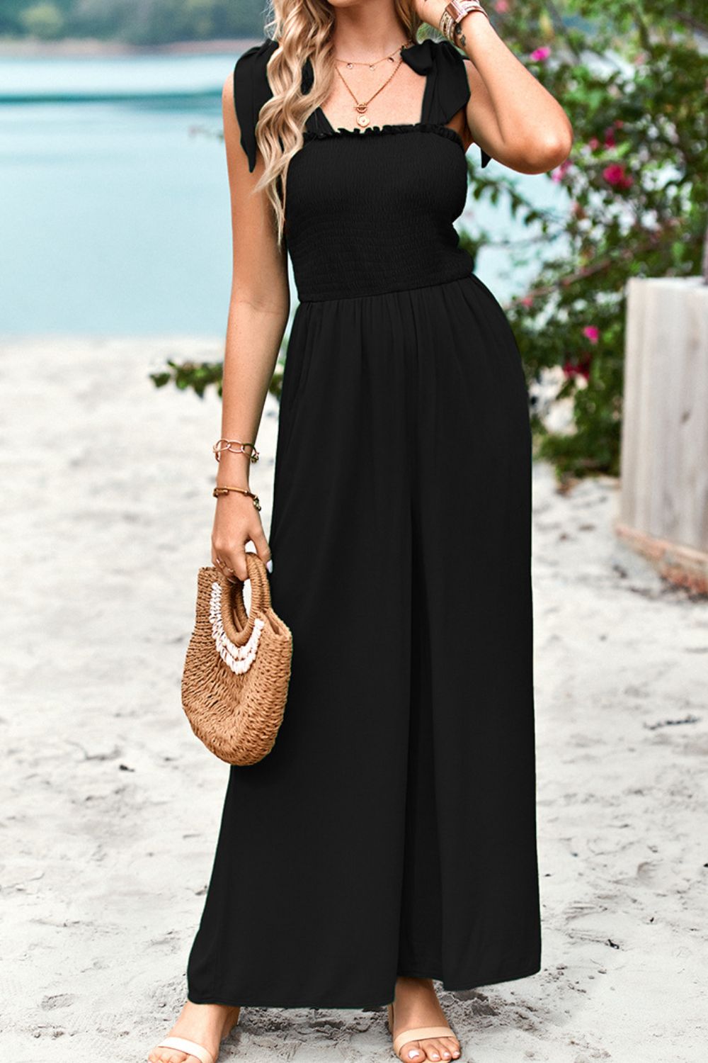 Frill Trim Tie Shoulder Wide Leg Jumpsuit with Pockets