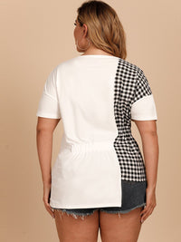 Thumbnail for Plus Size Gingham Color Block Asymmetrical T-Shirt