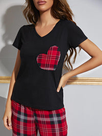 Thumbnail for Heart Graphic V-Neck Top and Plaid Pants Lounge Set