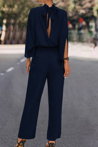 Thumbnail for Tie Back Mock Neck Split Sleeve Jumpsuit