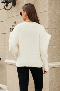 Thumbnail for Puff Sleeve V-Neck Fuzzy Cardigan