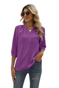 Thumbnail for Swiss Dot Notched Neck Three-Quarter Sleeve Blouse