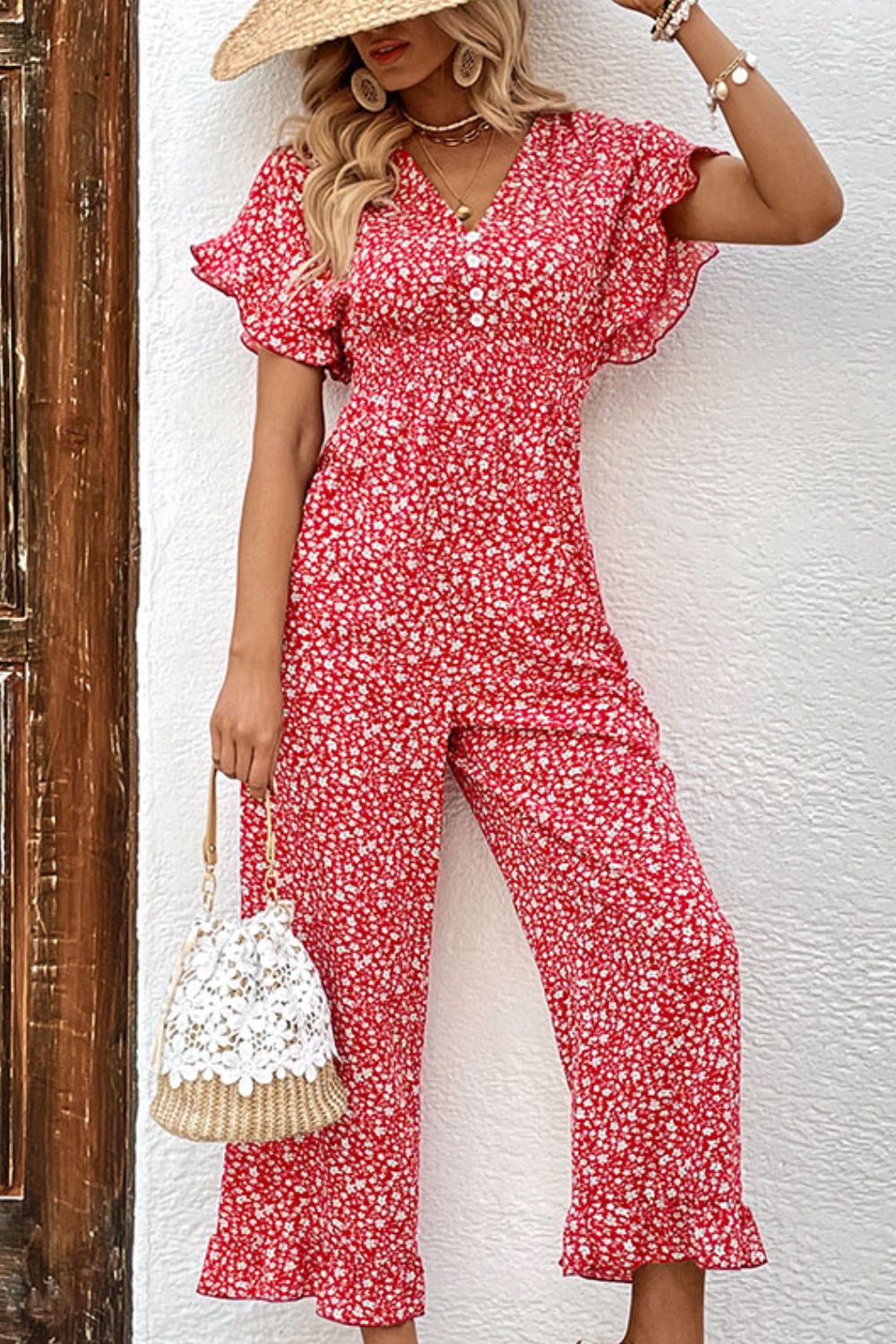 Printed Tie Back Ruffled Jumpsuit