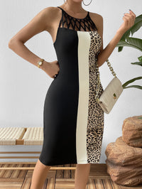 Thumbnail for Leopard Color Block Cutout Sleeveless Knee-Length Dress