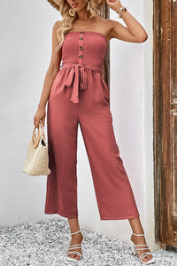 Thumbnail for Decorative Button Strapless Smocked Jumpsuit with Pockets