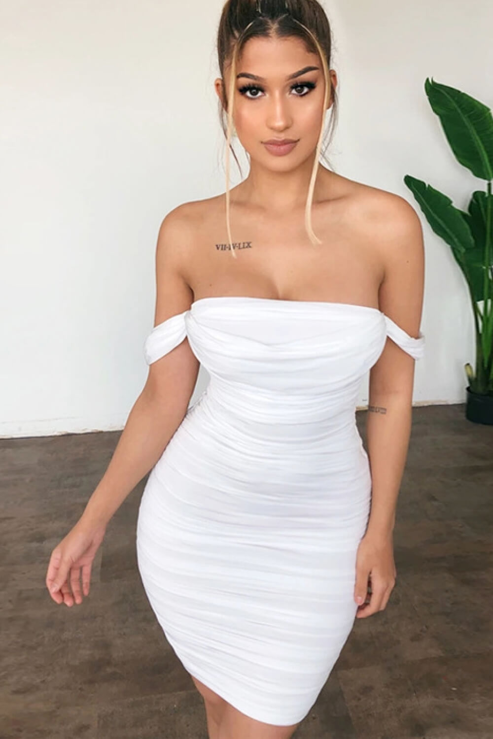 Off-Shoulder Backless Ruched Mini Dress