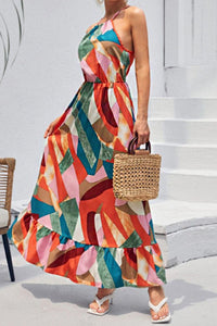 Thumbnail for Multicolored Tied Grecian Neck Maxi Dress