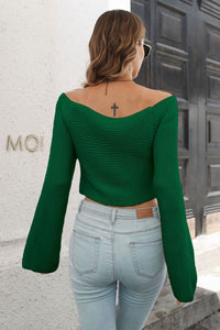 Thumbnail for Cropped V-Neck Flare Sleeve Knit Top