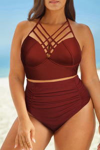Thumbnail for Halter Neck Crisscross Ruched Two-Piece Swimsuit
