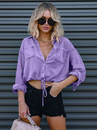 Thumbnail for Drawstring Pocketed Button Up Denim Top