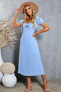 Thumbnail for Short Puff Sleeve Sweetheart Neck Midi Dress