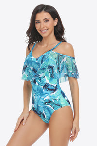 Thumbnail for Botanical Print Cold-Shoulder Layered One-Piece Swimsuit