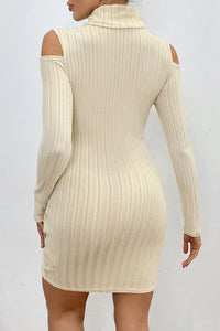 Thumbnail for Ribbed Turtleneck Cold Shoulder Long Sleeve Mini Dress