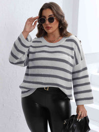 Thumbnail for Plus Size Striped Dropped Shoulder Sweater