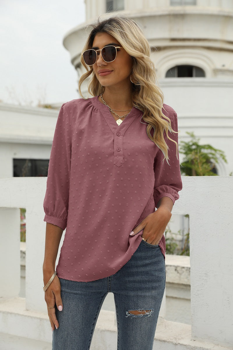 Swiss Dot Notched Neck Three-Quarter Sleeve Blouse