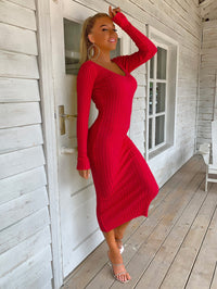 Thumbnail for Ribbed V-Neck Midi Sweater Dress