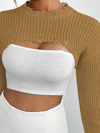 Thumbnail for Distressed Long Sleeve Cropped Sweater