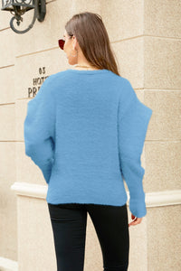 Thumbnail for Puff Sleeve V-Neck Fuzzy Cardigan