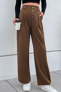 Thumbnail for Button-Fly Pleated Waist Wide Leg Pants with Pockets