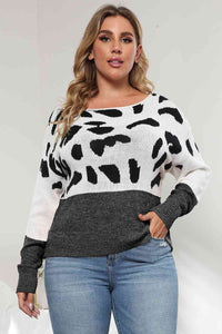 Thumbnail for Plus Size Leopard Round Neck Long Sleeve Sweater