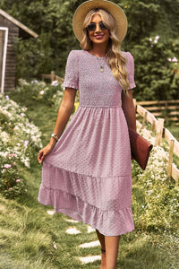 Thumbnail for Swiss Dot Smocked Round Neck Short Sleeve Midi Dress