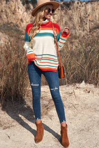 Thumbnail for Woven Right Striped Turtleneck Drop Shoulder Sweater